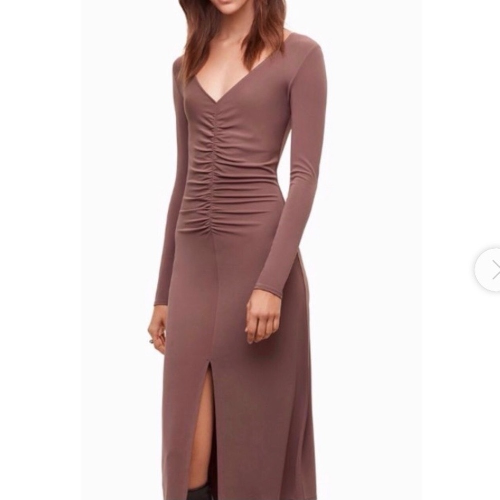 NWT Aritzia Wilfred Sz S Aveyron Caban Brown Ruched Midi Dress